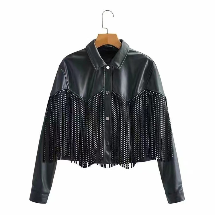 Title 2, European And American Collar Leather Long Sleev...