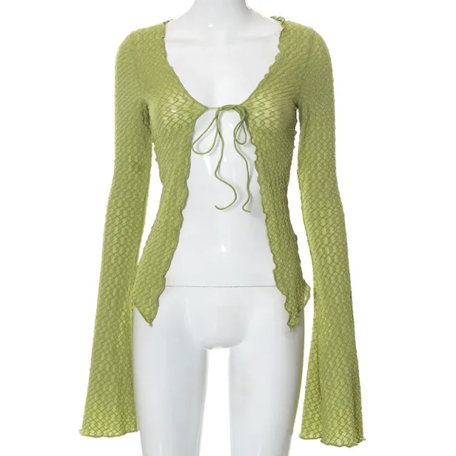 Fashion Solid Color Cardigan Lace Up Flare Long Sleeve Green - Shop at LoveMi