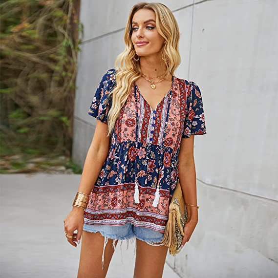 V Neck Short Sleeve Shirt Loose Drawstring Top Women