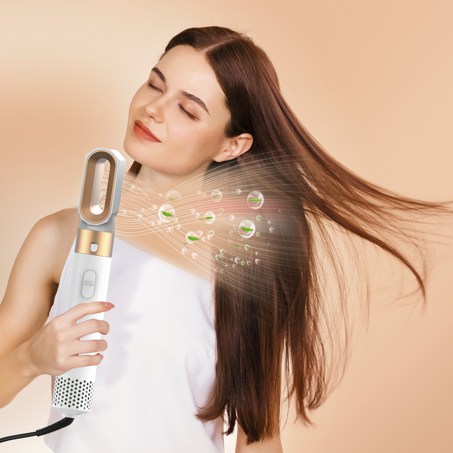 5-in-1 Hair Dryer Brush, White Gold. 5 IN 1 HAIR STYLER SET: The versatile stylers attach to the styling wand & hair dryer and give you the power to explore styles for any hair type. The 5 in 1 hair dryer brush set includes 1x hair dryer for fast drying, 