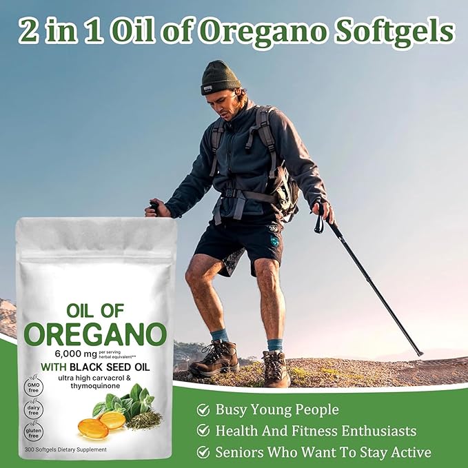 Oregano Black Seed Oil Softgels, 300 Capsules. 2 in 1 Oil of Oregano Softgels Each serving of oil of oregano capsules contains 6,000mg oil of oregano with 200mg black seed oil. Oil of oregano with black seed oil are combined into one and work together Pre