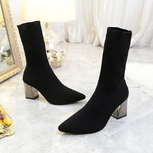 Sock Boots Women Pointed Toe High Heel Shoes Ladies Black - Shop at LoveMi