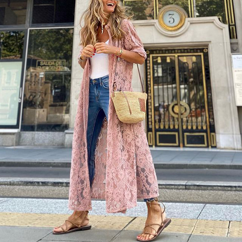 Lapel Collar Cardigan Lace Loose Chiffon