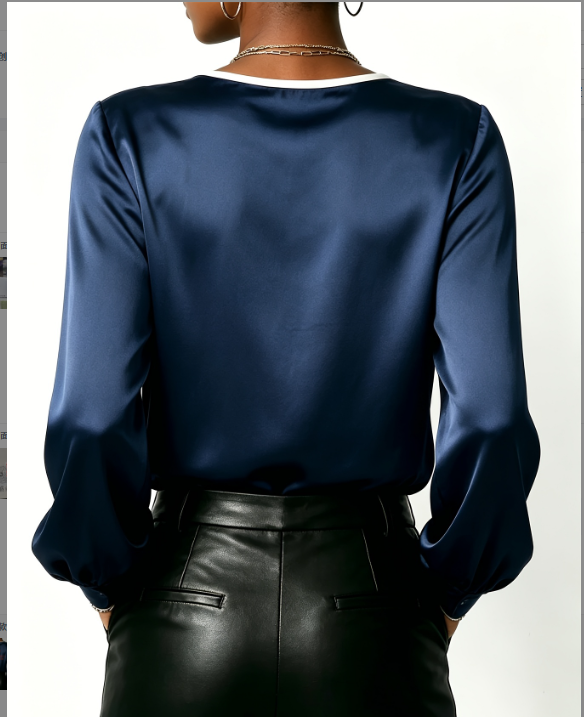 Tibetan Satin With White Border, Swinging Collar, Lantern, Long Sleeved Commuting Shirt