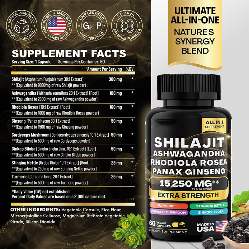 Bottle of Shilajit Pure Himalayan 9000MG, Energy Booster Ashwagandha 2000MG, Rhodiola Rosea 999MG, Panax Ginseng 1500MG, Turmeric 500MG, Ginkgo Biloba 500MG, Stinging Nettle 250MG Cordyceps Mushroom 500