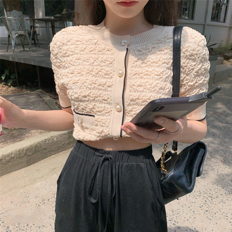 Elegant Temperament Small Fragrance Ice Silk Pullover Round Neck Texture Knit Sweater Women Summer Short Top T-shirt