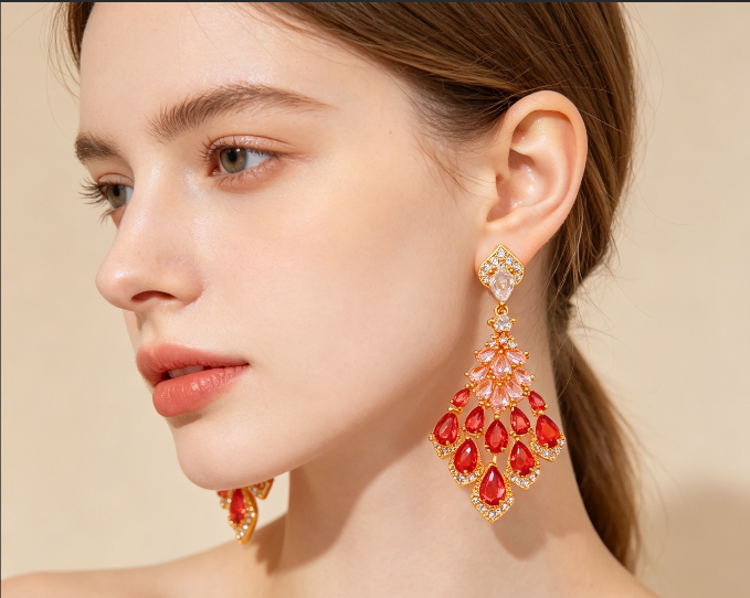 Gold Plated Peacock Feather Dangle Earrings, Teardrop Zircon Crystal view