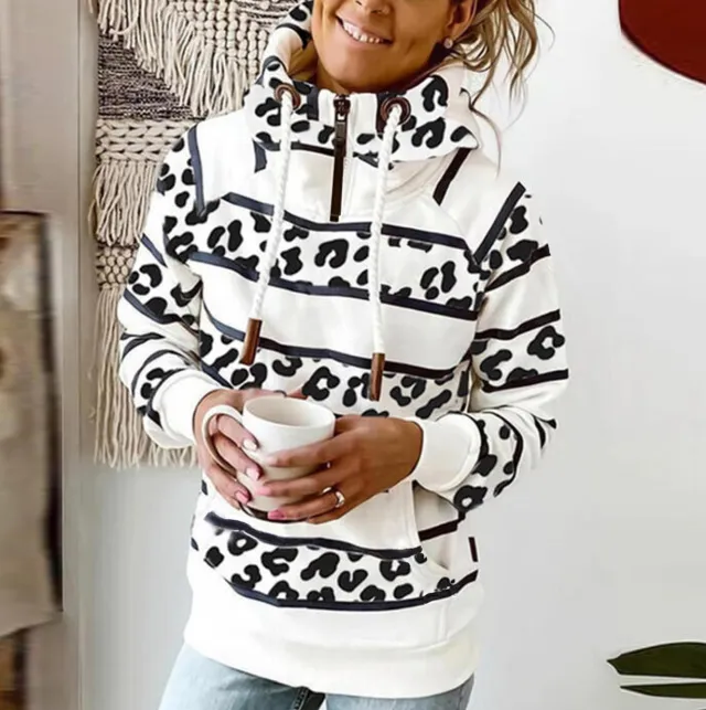 Fashion Autumn Casual Printing Stitching Zipper Pullover Hooded Ladies Sweater Leopard White A - Shop at LoveMi