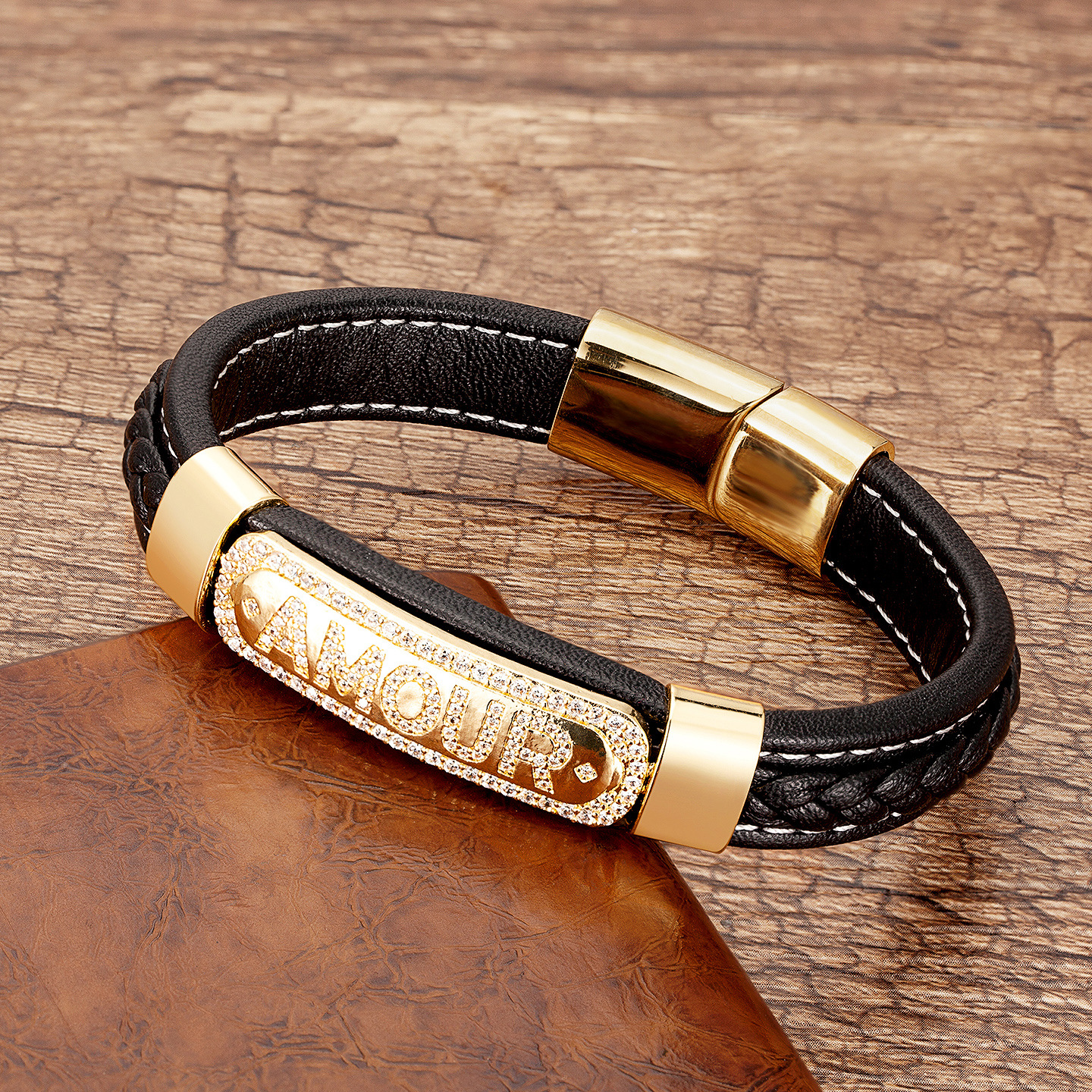 Stainless Steel Letter Cord Braided Leather Bracelet