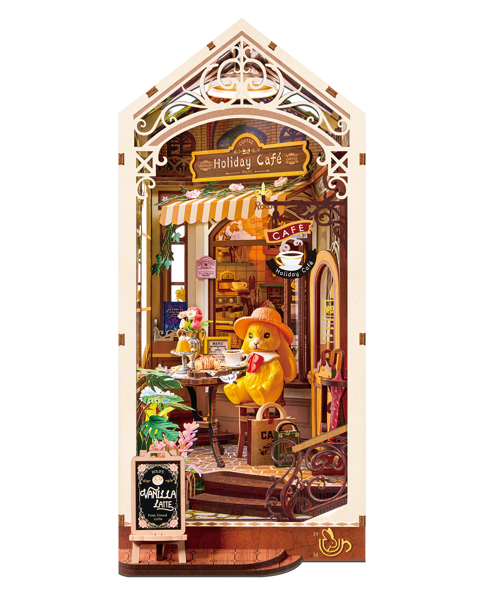 Rolife Holiday Cafe Reading Corner Set, DIY Mini House With Warm LED Lights, Glue-Free Assembly, Bookshelf Decoration, Creative Gift For Adults