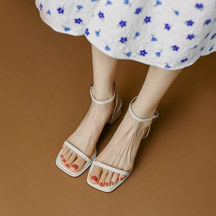 Classic And Versatile Square Toe, Exposed Toe, Middle Heel, Straight Strap Sandals, Women's Summer Thick Heel