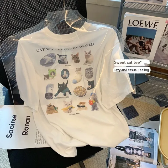 White Cartoon Print Short Sleeve Loose All match White - Shop at LoveMi
