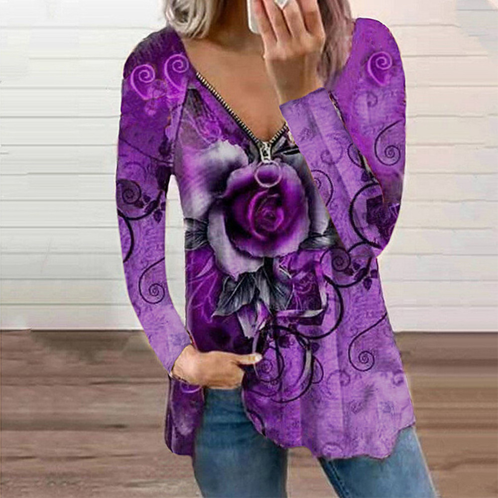 Title 4, Fashion Print V-Neck Long Sleeve Zip Casual Loo...