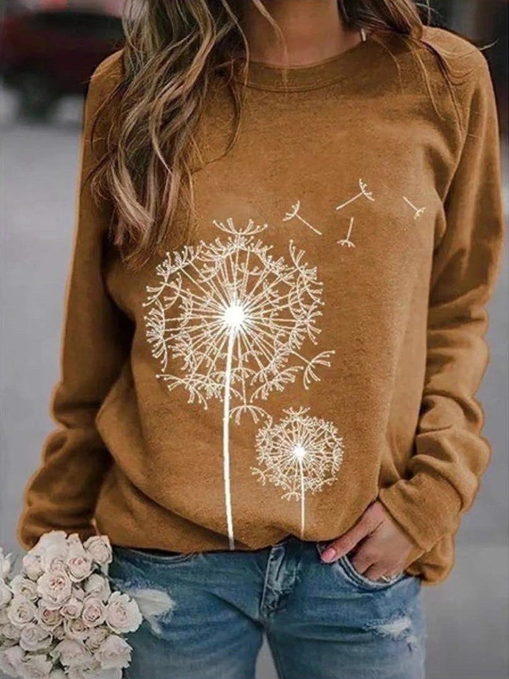Dandelion Print T-shirt With Round Neck And Long Sleeves