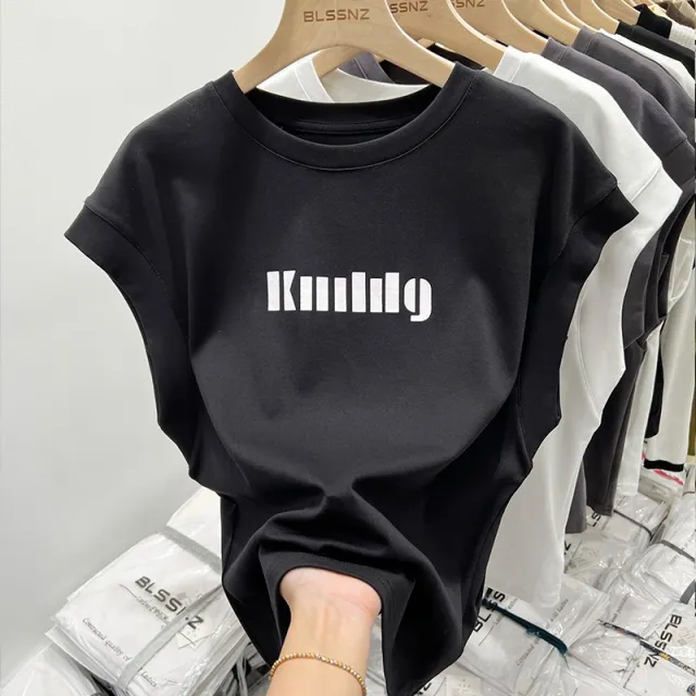 Short sleeved T shirt Women's Loose Cotton Sleeveless Top Letter Black - Shop at LoveMi