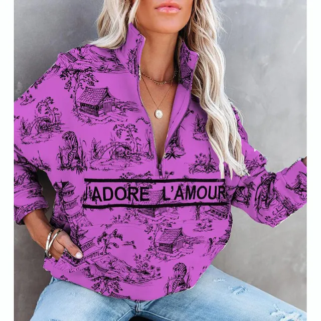 Long Sleeved Loose Casual Printed Pullover Zipper Sweater Purple - Shop at LoveMi