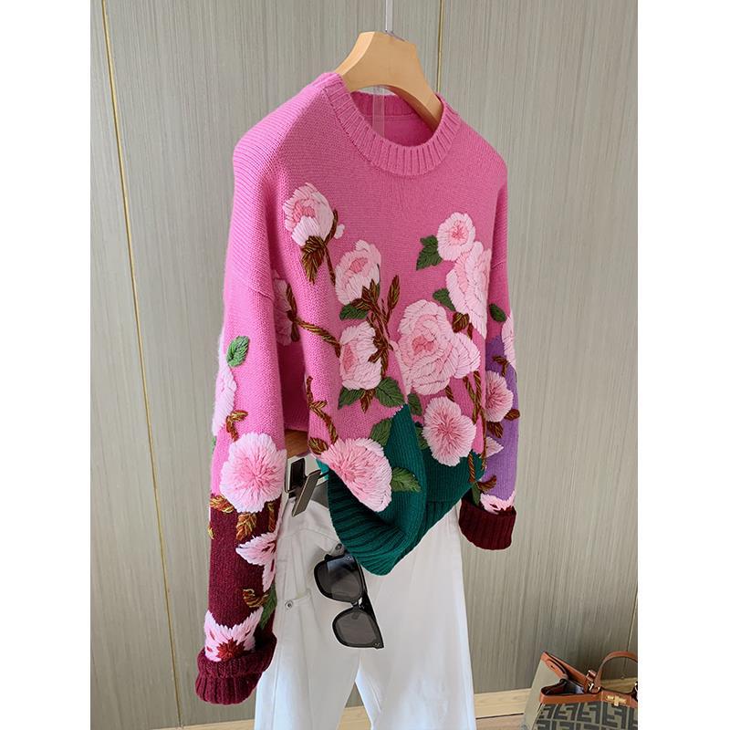 Women's Exquisite Hand-embroidered Three-dimensional Floral Long-sleeved Sweater