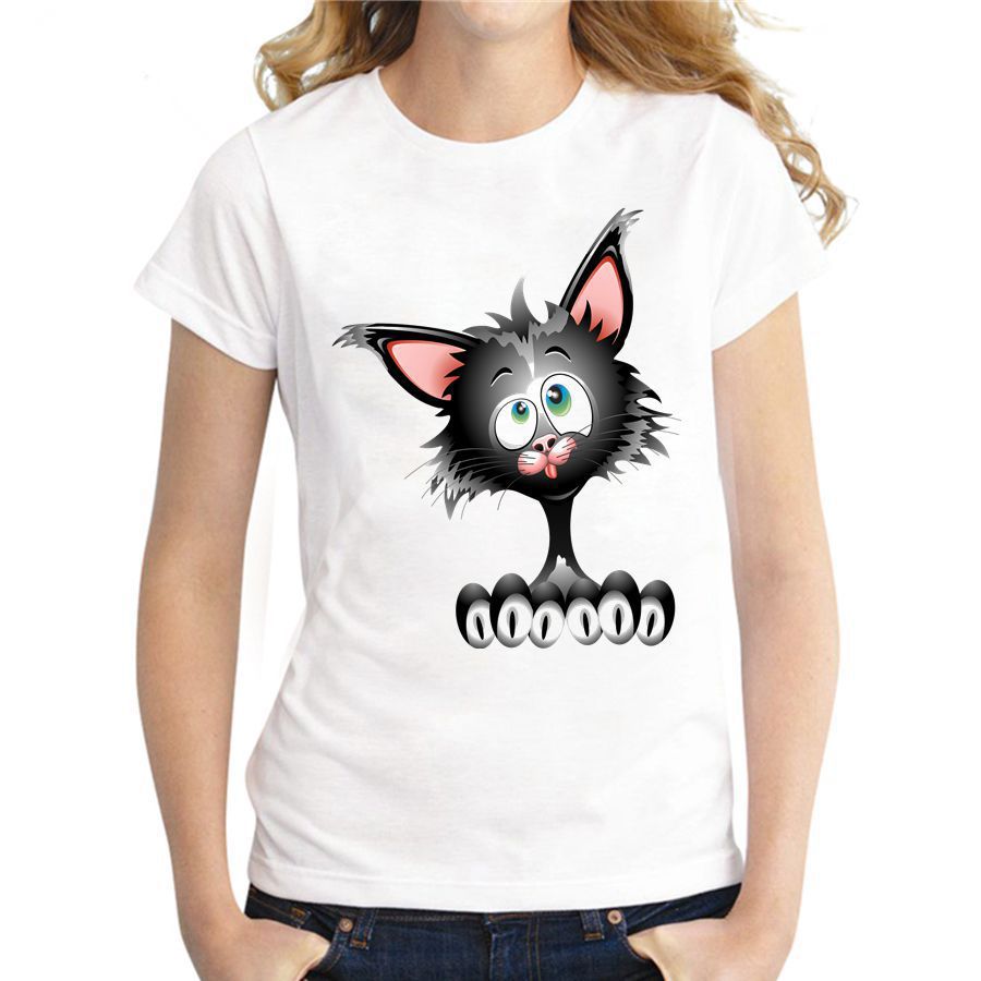 T shirt Women's Round Neck Short Sleeve Cartoon Animal Print Slim Bottoming Shirt White - Shop at LoveMi