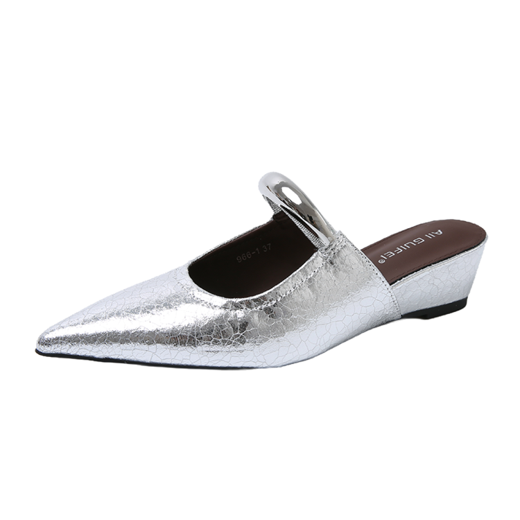 Elegant Pointed Toe Metal One-Strap Mules 2025 Summer New Wedge Heel Platform Sandals For Women