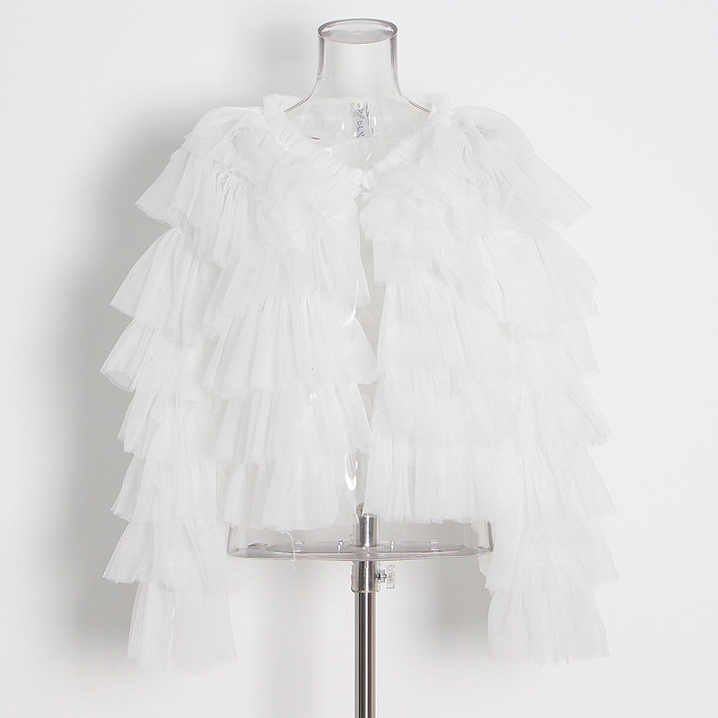 New Round Neck Long Sleeve Personalized Ruffle Pleated Women's Mesh Shirt White - Shop at LoveMi