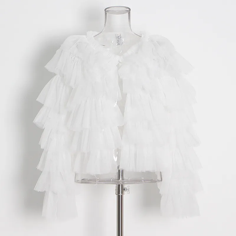 New Round Neck Long Sleeve Personalized Ruffle Pleated Women's Mesh Shirt - White