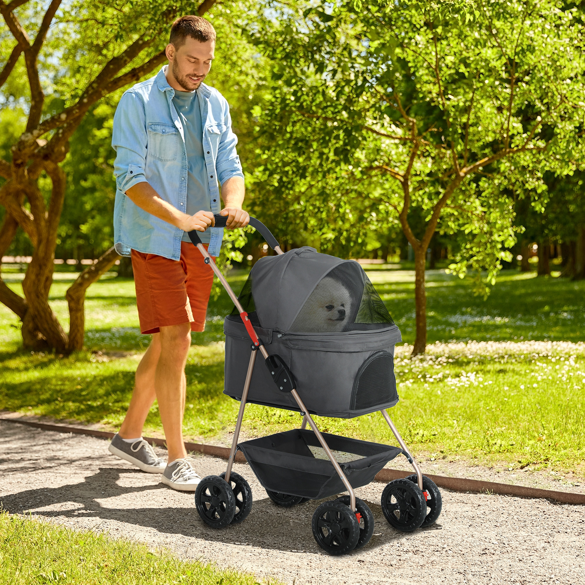 3 In 1 Pet Stroller With Detachable Carrier, Foldable Dog Stroller With Storage Basket, Cupholder, For Mini Dogs, Gray