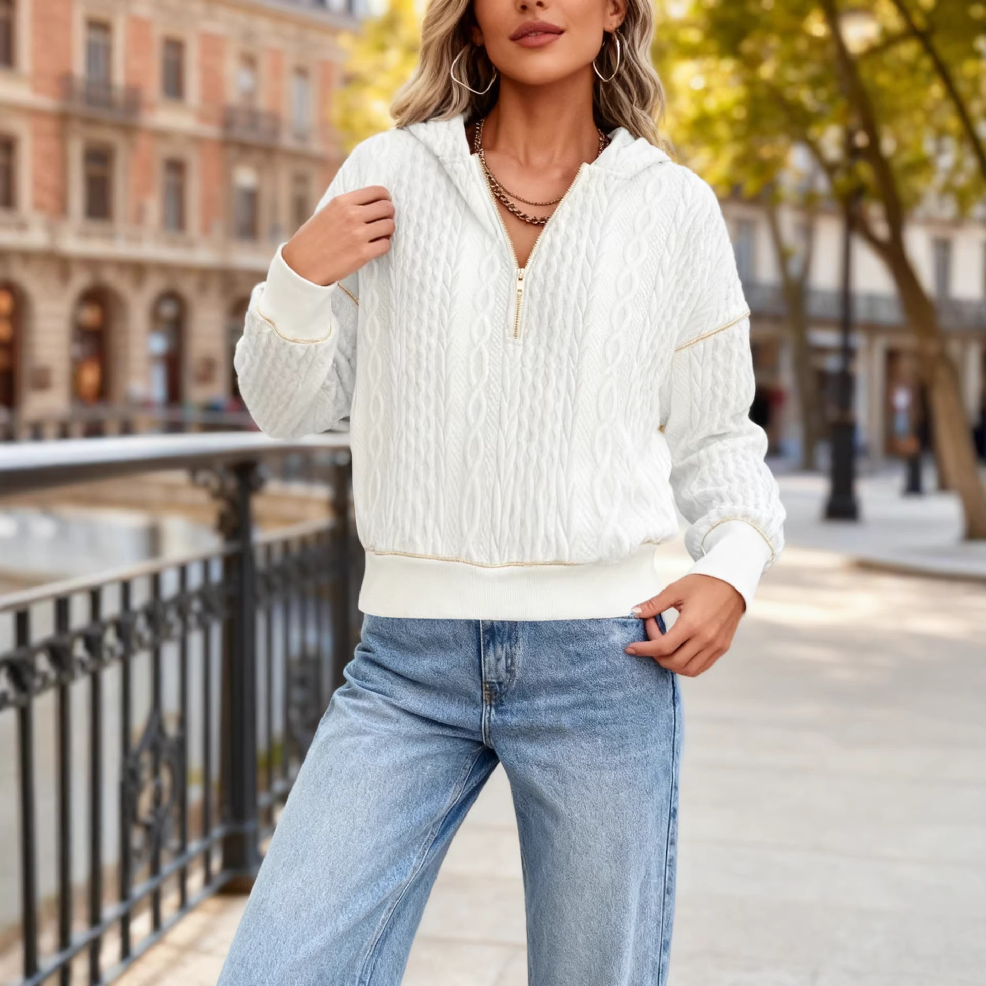 Women's Contrasting Color Trimmed Long Sleeved Half Zipper Textured Sportswear Casual Hooded Sweatshirt