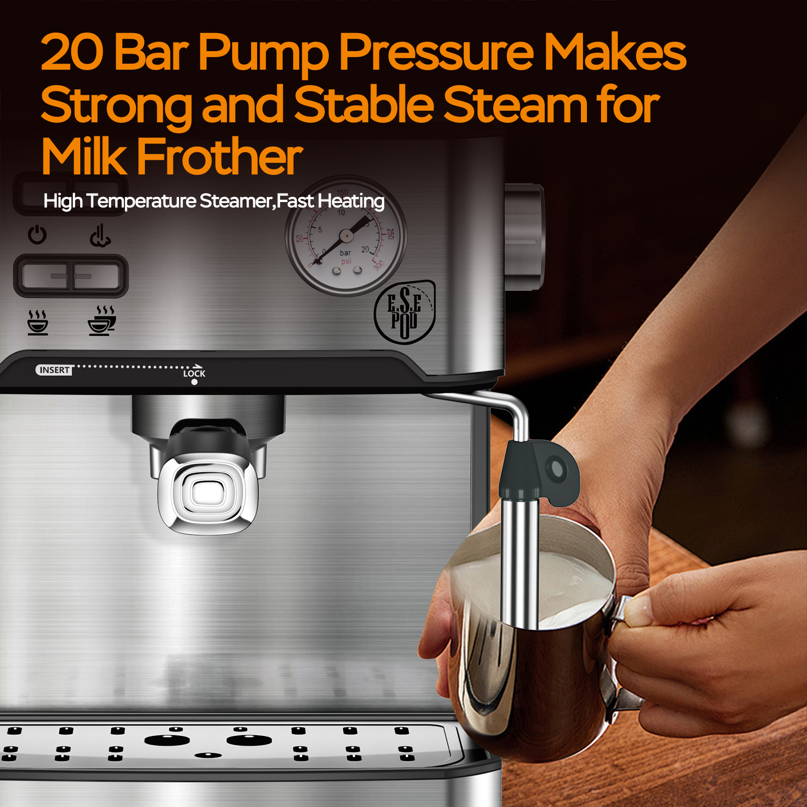 20 Bar Professional Espresso Machine With Milk Frother, Single Double Shot, ESE Pod Compatible, Visual Display Of Pressure, Removable Water Tank For Cappuccino, Latte, Machiato For Home Barista — foto 7