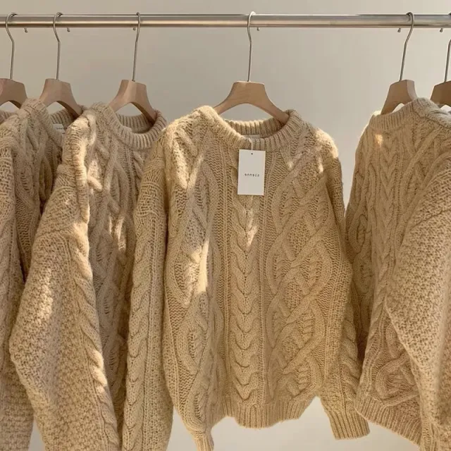 Oversized Fried Dough Twist Sweater Thickened And Loose Apricot - Shop at LoveMi