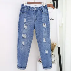 Women's High Waist Pants Plus Size Jeans With Ripped Holes - Blue - View 1