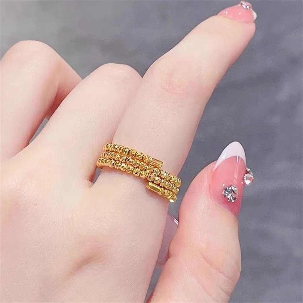 2026 New Arrival Women's Ring, Vietnamese Gold Thin Circle Ring With Bling Beads, Elastic Memory Adjustable Open Band, Party Styling Jewelry