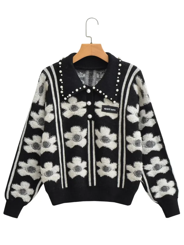 Women's Beaded Heavy Industry Lapel Flower Knitted Pullover Sweater Black - Shop at LoveMi