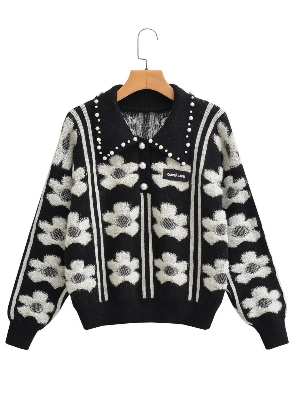 Women's Beaded Heavy Industry Lapel Flower Knitted Pullover Sweater - Black