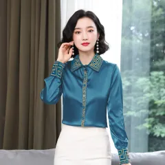 Women's Long-sleeve Satin Silk Top With Embroidered Shirt - Peacock Blue - View 1