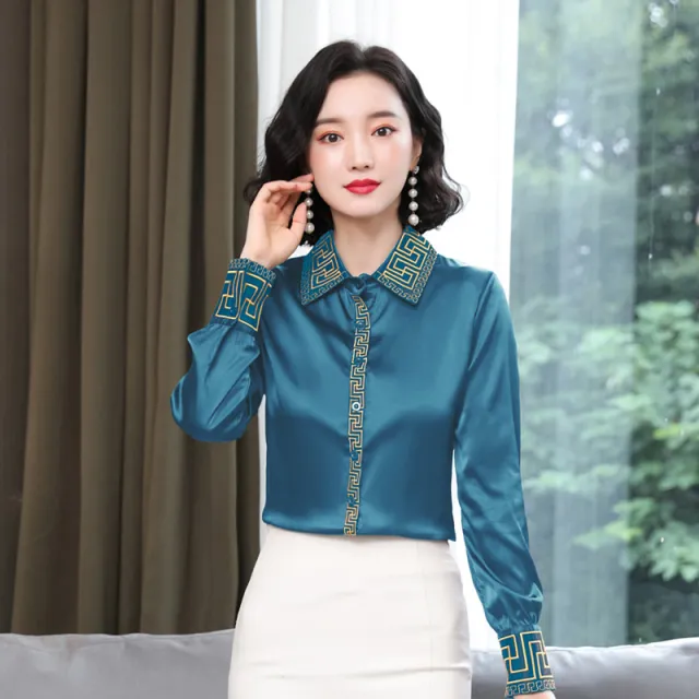 Women's Long sleeve Satin Silk Top With Embroidered Shirt Peacock Blue - Shop at LoveMi