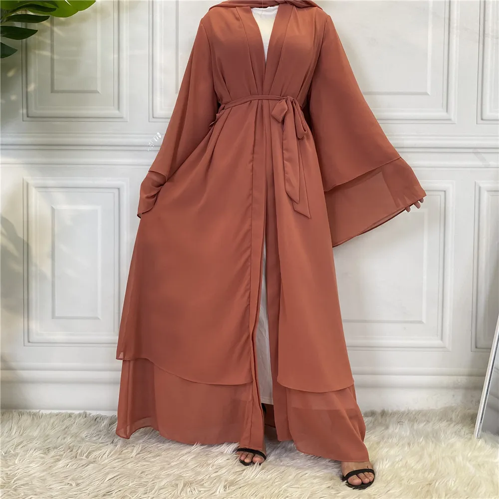 Fashionable Muslim Cardigan Chiffon Robe - Leather Powder