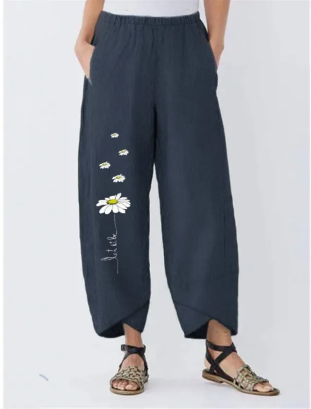 Cotton Linen Women's Cartoon Daisy Print Elastic Waist Casual Pants Navy Blue - Shop at LoveMi