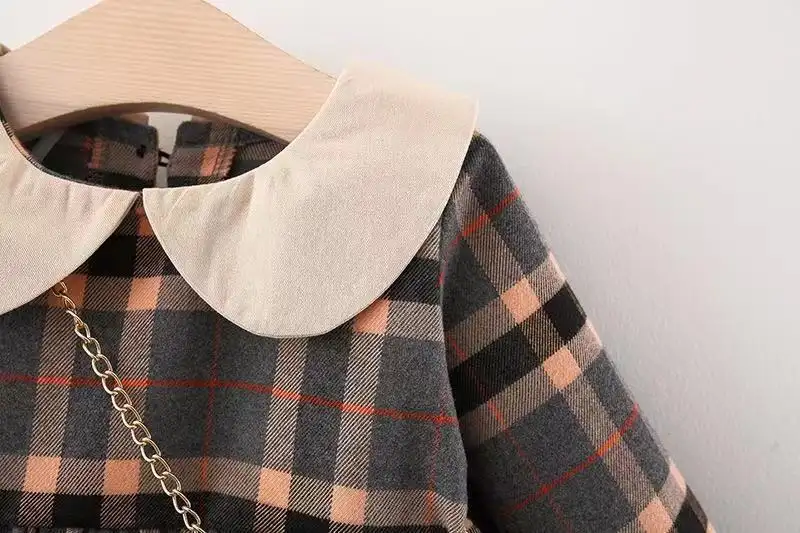 Girls Korean Version Of The Bear Bag Plaid Dress