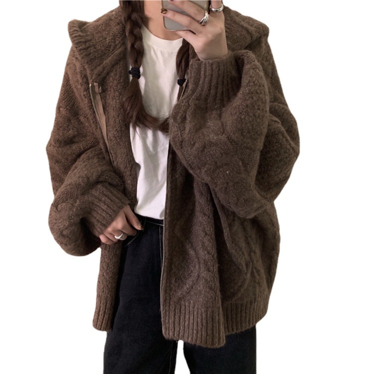 Hooded Twist Knit Cardigan Sweater Coat