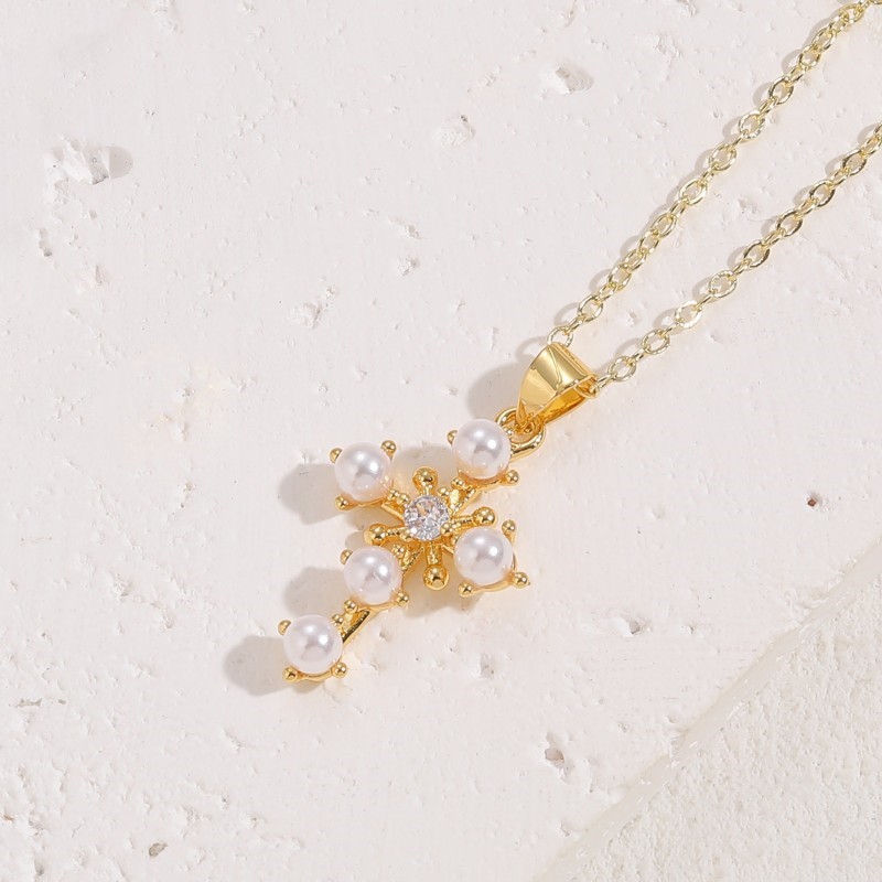 Fashion Cross Zircon Pearl Necklace