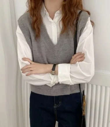 V Neck Knitted Vest Sweater Sleeveless Women Casual Pullover Grey - Shop at LoveMi
