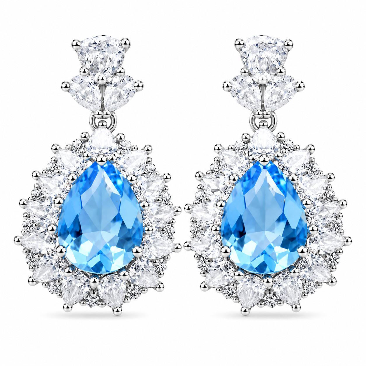 Pear Shaped Sky Blue Gem Double Halo Dangle Drop Earrings For Women, Copper Silver Plated Marquise White Crystal Vintage Bridal Banquet Statement Jewelry Gift