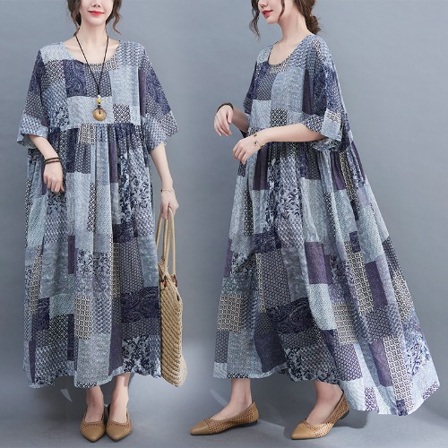 Literary Plus Size Loose Cotton And Linen Plaid Short-sleeved Dress