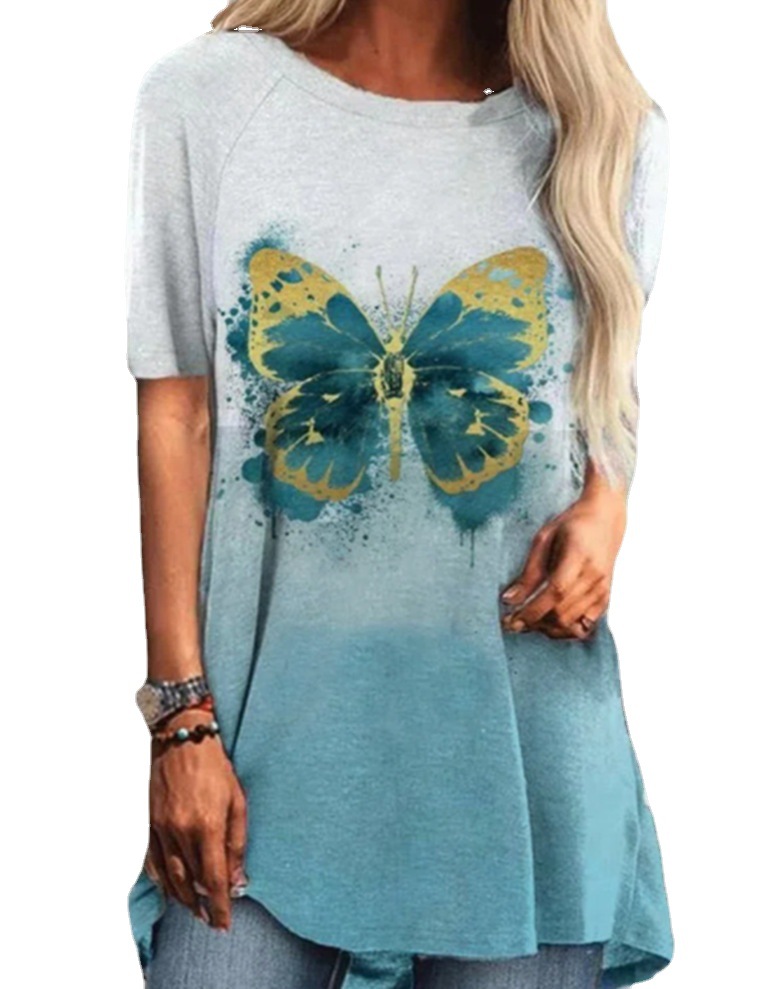 Title 4, Round Neck Casual Butterfly Print Short-Sleeved...