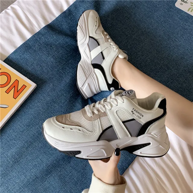 Breathable Color Matching Platform Casual Sports Daddy Shoes White - Shop at LoveMi