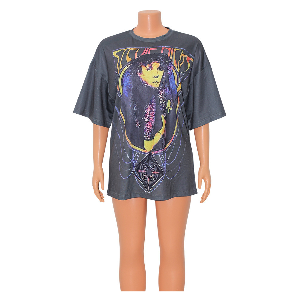 Women's Street Casual Home Print Loose T Shirt Grey - Shop at LoveMi