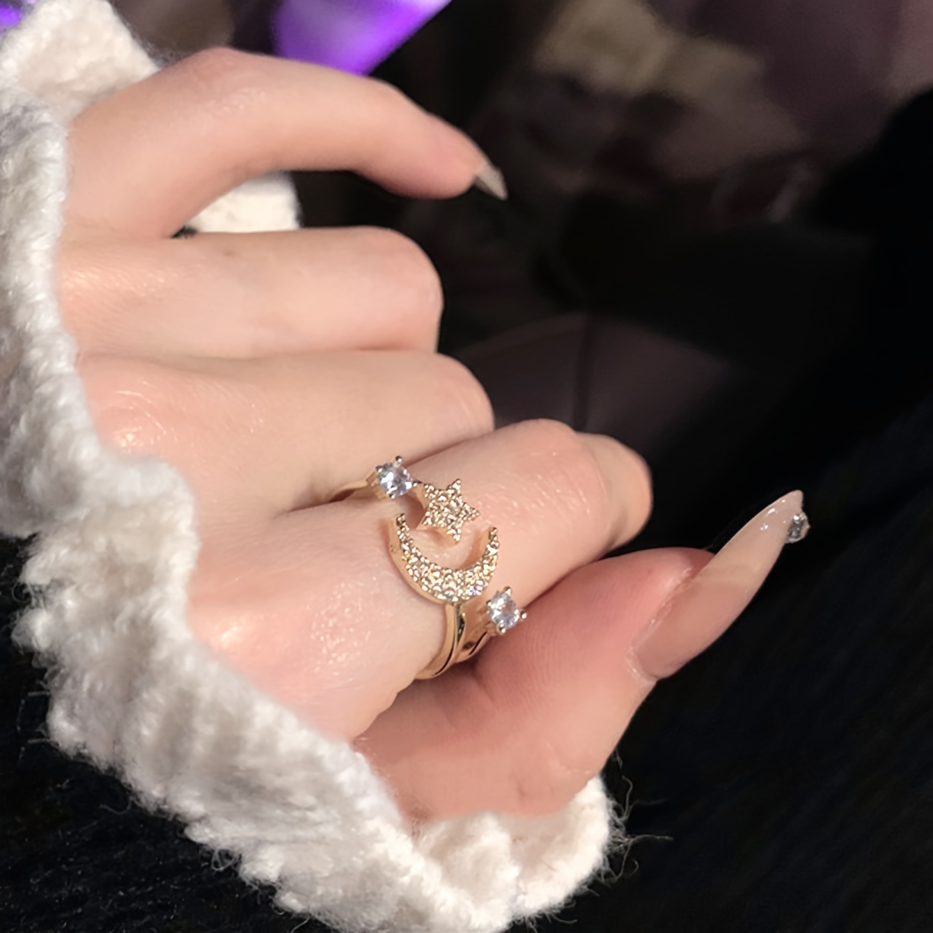 Chic Star Moon Rhinestone Ring, Retro & Minimalist Style, Daily Party Wear, Ideal Ramadan Gift thumbnail 1
