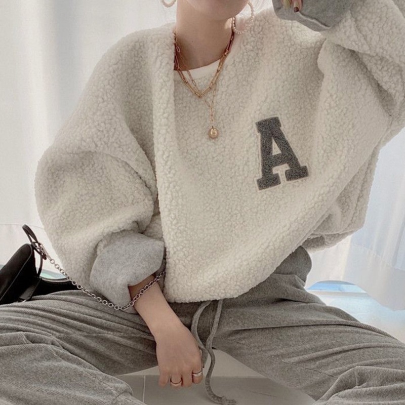 Loose Solid Color Long Sleeve Lamb Wool Warm Sweater