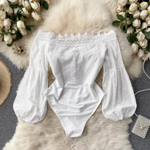 Cutout Puff Sleeve One Shoulder Jumpsuit White - Shop at LoveMi