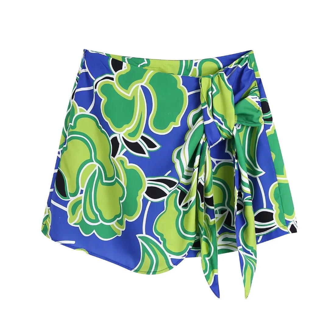 French Retro Women's Slim Print Sarong Culottes Green - Shop at LoveMi